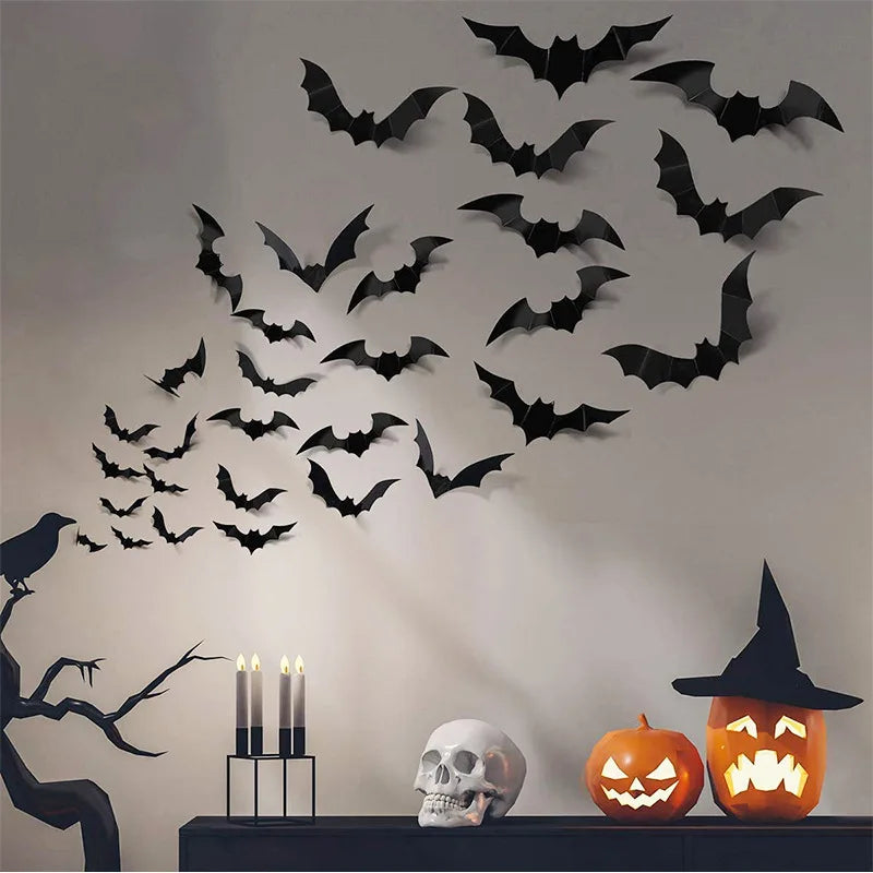 3D Black Bat Wall Stickers for Halloween Decoration – 12/24/48pcs Set