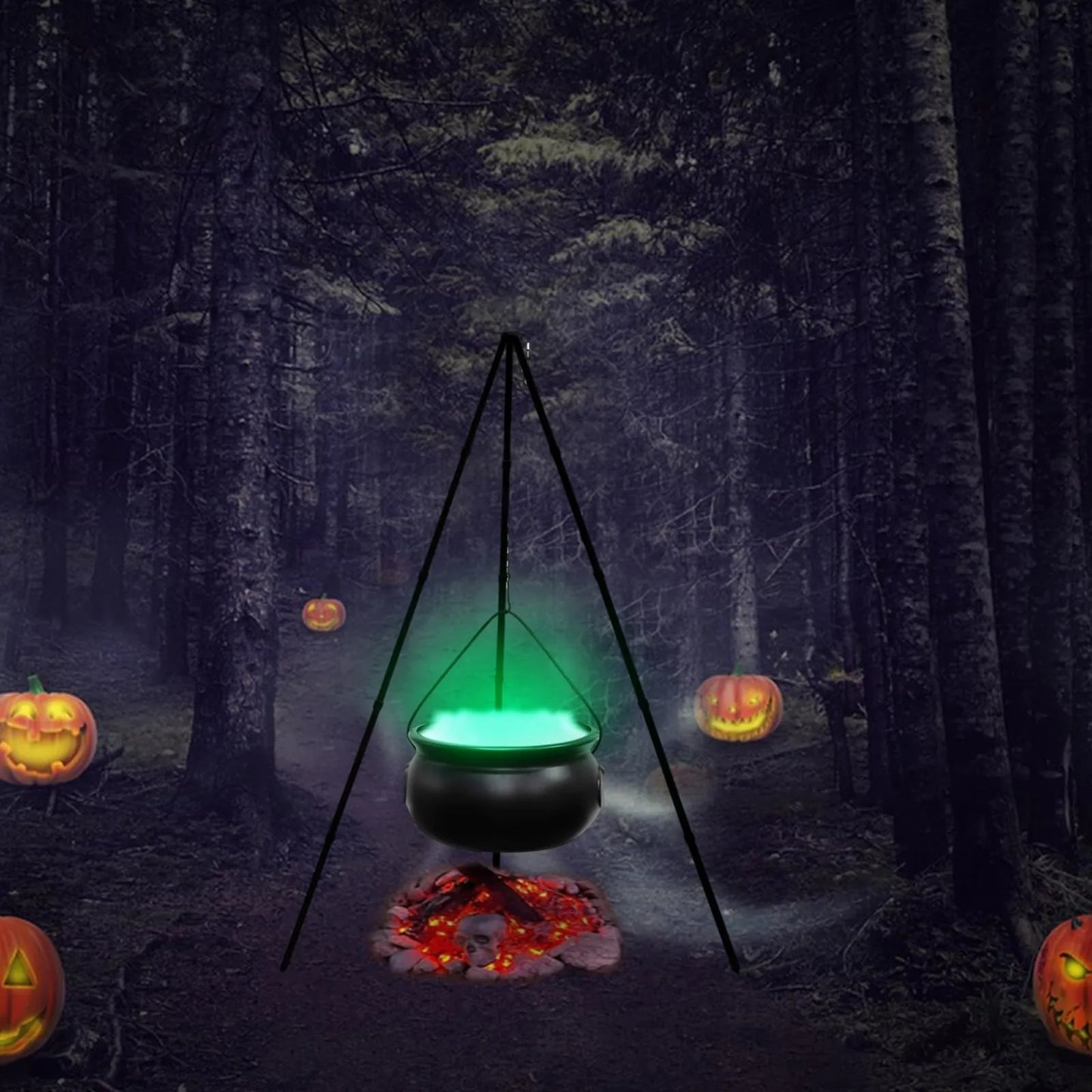 Large Witch Cauldron with LED String Lights on Tripod