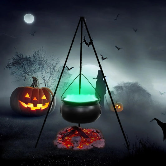 Large Witch Cauldron with LED String Lights on Tripod